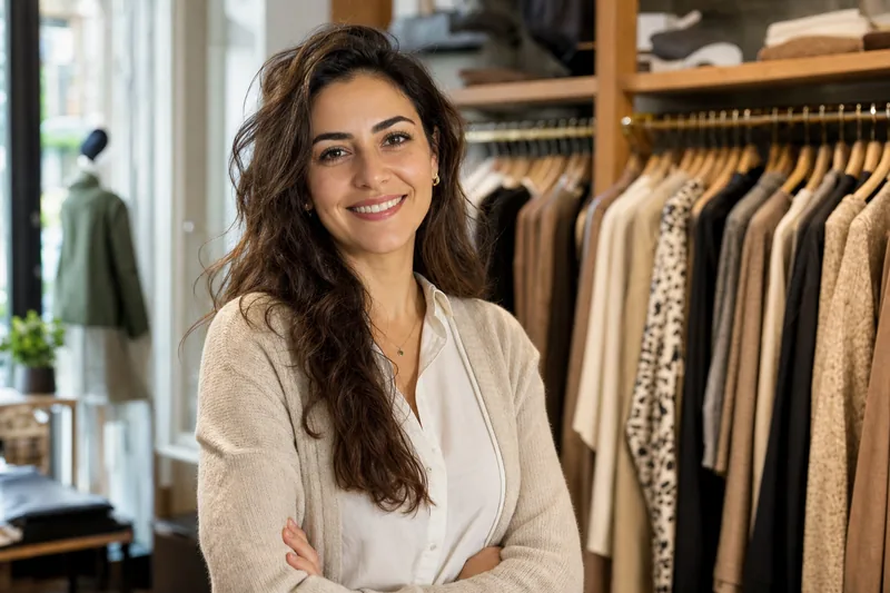 Butik giyim mağazası sahibi kadın girişimci, askılı ürün reyonlarının önünde gülümsüyor
